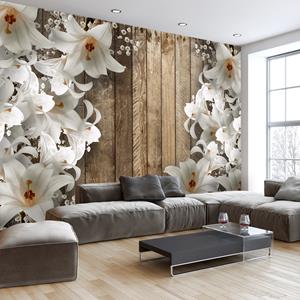 Karo-art Zelfklevend fotobehang - Lelie tuin op houten planken , Premium Print , Houtlook