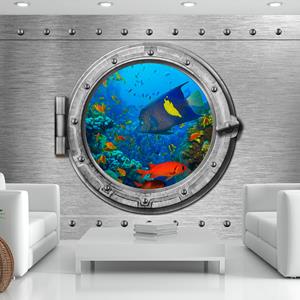 Karo-art Zelfklevend fotobehang - Patrijspoort met Uitzicht op Tropische Vissen, premium Print