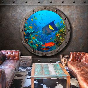 Karo-art Zelfklevend fotobehang - Patrijspoort met Uitzicht op Tropische Vissen II, premium Print