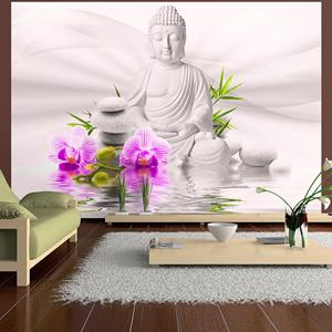 Karo-art Zelfklevend fotobehang - Boeddha en paarse orchideeën, 8 maten, premium print