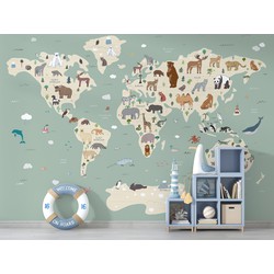 Walloha Wereldkaart met dieren - Kinderbehang - 292,2 cm x 280 cm - 