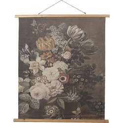 Clayre & Eef Wandkleed 80x100 cm Grijs Hout Textiel Rechthoek Bloemen Wanddoek