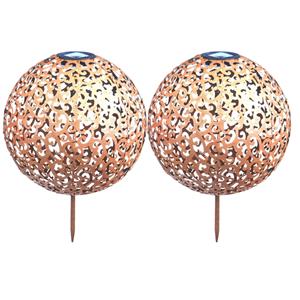 2x Buiten/tuin koperen decoratie bollen/ballen solar verlichting 28,5 cm -