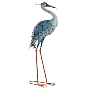 Items Tuin decoratie dieren/vogel beeld - Metaal - Reiger staand - 33 x 85 cm - buiten - blauw -
