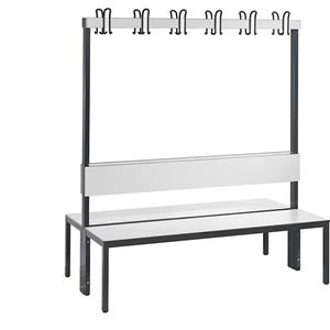 C+P Garderobenbank BASIC PLUS, doppelseitig, Sitzfläche HPL, Hakenleiste, Länge 1500 mm, weiß