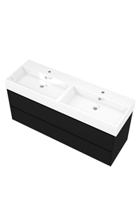 Proline Porselein Loft wastafelonderkast symmetrisch met 2 laden en glans witte wastafel met 2 kraangaten 140 x 46 x 62 cm, mat zwart