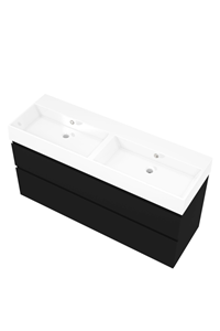 Proline Porselein Loft wastafelonderkast asymmetrisch met 2 laden en glans witte wastafel zonder kraangaten 140 x 46 x 62 cm, mat zwart