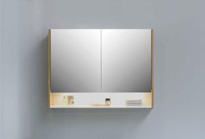INK SPK3 spiegelkast met 2 dubbel gespiegelde deuren, open planchet, stopcontact en schakelaar 90 x 14 x 74 cm, massief eiken aqua