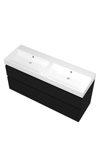 Proline Polystone Loft wastafelonderkast asymmetrisch met 2 laden en mat witte wastafel zonder kraangaten 140 x 46 x 62 cm, mat zwart