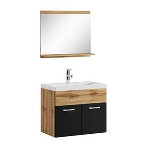 badplaats Badezimmer Badmöbel Set Montreal 02 60cm Waschbecken Eiche mit mat Schwarz - Unterschrank Waschtisch Spiegel Möbel - Eiche mit matt schwarz