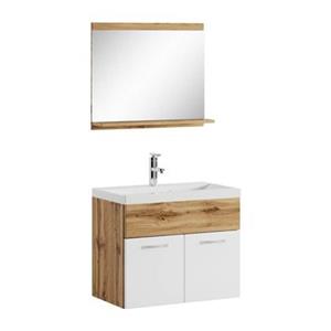 badplaats Badezimmer Badmöbel Set Montreal 02 60cm Waschbecken Eiche mit Weiß - Unterschrank Waschtisch Spiegel Möbel - Eiche mit Weiß