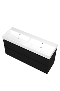 Proline Polystone Loft wastafelonderkast asymmetrisch met 2 laden en glans witte wastafel zonder kraangaten 140 x 46 x 62 cm, mat zwart