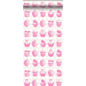 Esta Home ESTAhome behang cupcakes op glanzende stip roze - 138723 - 53 cm x 10,