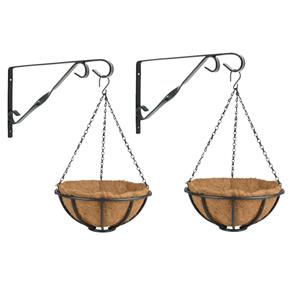 Esschert Design Set van 2x stuks Hanging baskets 30 cm met muurhaken - metaal - complete hangmand set -