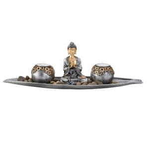 Boeddha decoratie beeldje met 2 kaarshouders op schaal - kunststeen - zilver/bruin - 30 x 11 cm -