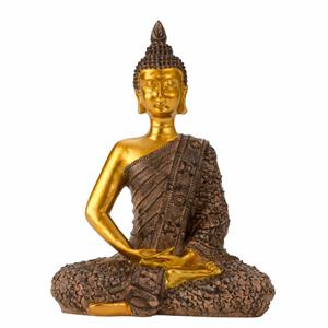 Boeddha beeldje zittend - binnen/buiten - kunststeen - zwart/goud - 17 x 23 cm -