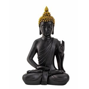 Boeddha beeldje zittend - binnen/buiten - kunststeen - zwart/goud - 31 x 18 cm -