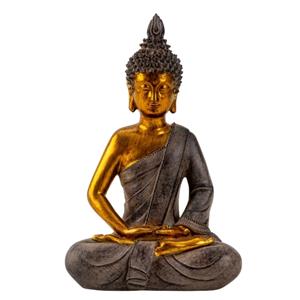 Boeddha beeldje zittend - binnen/buiten - kunststeen - betongrijs/goud - 26 x 17 cm -