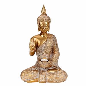 Boeddha beeldje met theelichthouder - binnen/buiten - kunststeen - goud - x 23 cm -