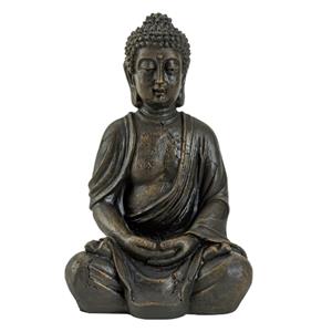 Boeddha beeldje zittend - binnen/buiten - kunststeen - antiek bruin - 30 x 20 cm -
