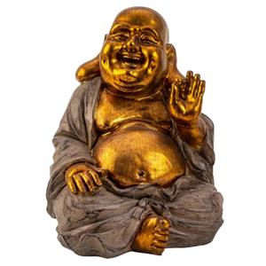 Dikke Happy Boeddha beeldje zittend - binnen/buiten - kunststeen - grijs/goud - 33 x 25 cm -