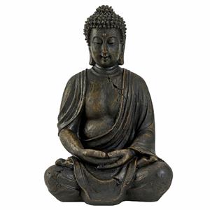 Boeddha beeldje zittend - binnen/buiten - kunststeen - antiek bruin - x 25 cm -