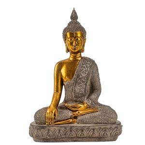 Boeddha beeldje zittend - binnen/buiten - kunststeen - betongrijs/goud - 27 x cm -