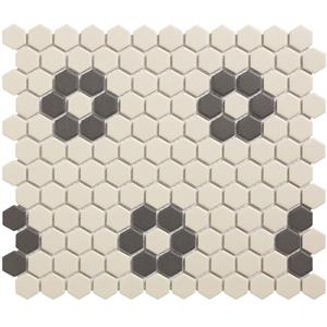 The Mosaic Factory Tegelsample:  London hexagon mozaïek tegels 26x30 wit/zwart bloem