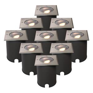 HOFTRONIC™ Set van 9 Cody LED Grondspots RVS - GU10 4,5 Watt 345 lumen dimbaar - 2700K warm wit - Kantelbaar - Overrijdbaar - Vierkant - IP67 waterdicht