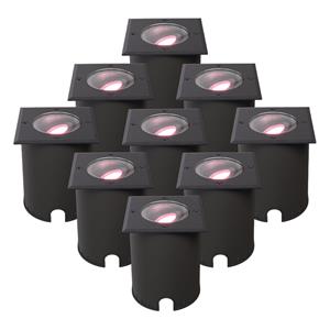 HOFTRONIC™ Set van 9 Cody Smart Grondspots Zwart - GU10 5,5 Watt 345 lumen - RGB + WW - Wifi + BLE - Kantelbaar - Overrijdbaar - Vierkant - IP67 waterdicht