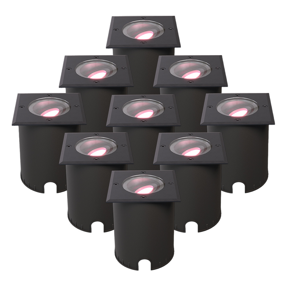 HOFTRONIC™ Set van 9 Cody Smart Grondspots Zwart - GU10 5,5 Watt 345 lumen - RGB + WW - Wifi + BLE - Kantelbaar - Overrijdbaar - Vierkant - IP67 waterdicht