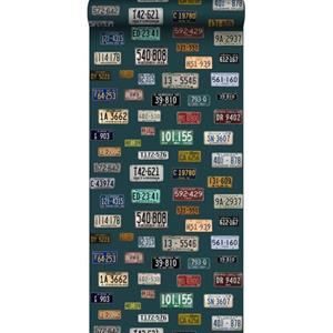 ESTAhome Xxl Behang Vintage License Plates Petrolblauw - 158502