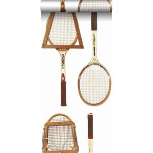 ESTAhome Xxl Behang Vintage Tennisrackets Wit, Bruin En Beige