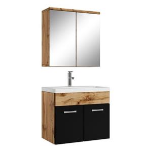 badplaats Badezimmer Badmöbel Set Montreal 01 mit Spiegelschrank 60cm Waschbecken Eiche mit Schwarz - Unterschrank Waschtisch Möbel - Eiche mit schwarz