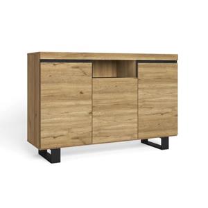 skrauthome Anrichte für Wohnzimmer, Esszimmer, Büro, Farbe: Eiche/Schwarz, 3 Türen, 1 Fach, 140x40x92cm, Nordic - Skraut Home