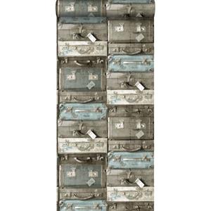 ESTAhome Behang Vintage Koffers Zeegroen En Bruin - 138214