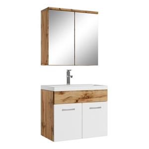 badplaats Badezimmer Badmöbel Set Montreal 01 mit Spiegelschrank 60cm Waschbecken Eiche mit Weiß - Unterschrank Waschtisch Möbel - Eiche mit hochglanz weiß