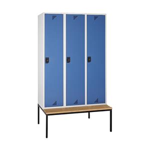 eurokraft pro Mehrzweck- und Garderobenschrank, mit Sitzbank, 3 Abteile, Breite 1200 mm, Türen brillantblau