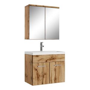 badplaats Badezimmer Badmöbel Set Montreal 01 mit Spiegelschrank 60cm Waschbecken Eiche - Unterschrank Waschtisch Möbel - Eiche