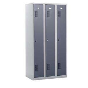 eurokraft basic AMSTERDAM Garderobenschrank, Höhe 1800 mm, Breite 900 mm, 3 Abteile, mit Vorhängeschlossvorrichtung, lichtgrau/basaltgrau