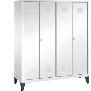 C+P CLASSIC Garderobenschrank mit Füßen, zueinander schlagende Türen, 4 Abteile, Abteilbreite 400 mm, verkehrsweiß