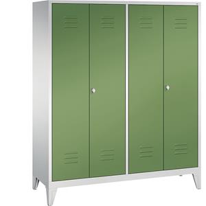 C+P CLASSIC Garderobenschrank mit Füßen, zueinander schlagende Türen, 4 Abteile, Abteilbreite 400 mm, lichtgrau / resedagrün