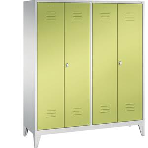 C+P CLASSIC Garderobenschrank mit Füßen, zueinander schlagende Türen, 4 Abteile, Abteilbreite 400 mm, lichtgrau / viridingrün