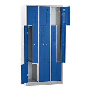 eurokraft basic AMSTERDAM Z-Garderobenschrank, Breite 870 mm, 3 Abteile, 6 Türen, Türfarbe Enzianblau, Korpus lichtgrau