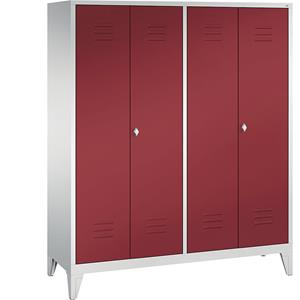 C+P CLASSIC Garderobenschrank mit Füßen, zueinander schlagende Türen, 4 Abteile, Abteilbreite 400 mm, lichtgrau / rubinrot