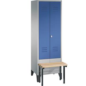 C+P Garderobekast CLASSIC met aangebouwde zitbank, naar elkaar toe zwenkende deuren, 2 afdelingen, afdelingsbreedte 300 mm, blank aluminiumkleurig / gentiaanblauw