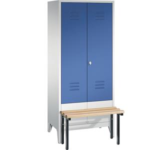 C+P CLASSIC Garderobenschrank mit vorgebauter Sitzbank, zueinander schlagende Türen, 2 Abteile, Abteilbreite 400 mm, lichtgrau / enzianblau