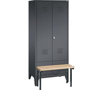 C+P CLASSIC Garderobenschrank mit vorgebauter Sitzbank, zueinander schlagende Türen, 2 Abteile, Abteilbreite 400 mm, schwarzgrau