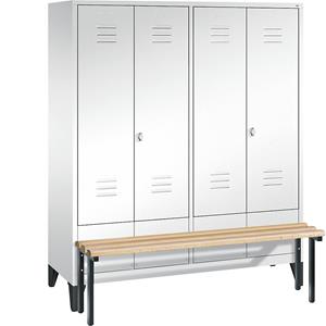 C+P CLASSIC Garderobenschrank mit vorgebauter Sitzbank, zueinander schlagende Türen, 4 Abteile, Abteilbreite 400 mm, verkehrsweiß