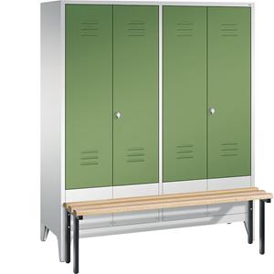 C+P CLASSIC Garderobenschrank mit vorgebauter Sitzbank, zueinander schlagende Türen, 4 Abteile, Abteilbreite 400 mm, lichtgrau / resedagrün